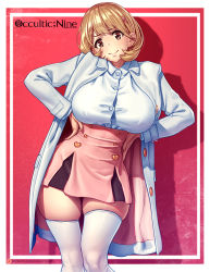 Rule 34 | 1girl, breasts, brown eyes, brown hair, bursting breasts, hair ornament, hairclip, hands on own hips, heart, heart hair ornament, highres, huge breasts, narusawa ryouka, necktie, nikichen, occultic;nine, open mouth, plaid, plaid skirt, raised eyebrows, short hair, skindentation, skirt, smile, solo, thick thighs, thighs, white legwear