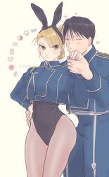 Rule 34 | 1boy, 1girl, alternate costume, amestris military uniform, animal ears, black hair, black leotard, blonde hair, breasts, brown eyes, commentary request, covered navel, crop top, earrings, embarrassed, fake animal ears, fake tail, folded ponytail, fullmetal alchemist, hand on own hip, highres, jellymlk, jewelry, large breasts, leotard, military, pantyhose, playboy bunny, rabbit ears, rabbit tail, riza hawkeye, roy mustang, tail