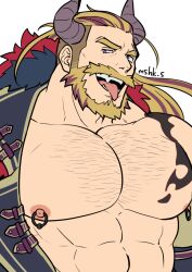 Rule 34 | 1boy, abs, arm tattoo, bara, bare pectorals, beard, bergamond (crave saga), chest hair, chest tattoo, collarbone, crave saga, demon horns, eyebrow cut, facial hair, fangs, fur-trimmed jacket, fur trim, horns, jacket, jewelry, large pectorals, long hair, looking at viewer, male focus, masa (mshk s), mature male, multicolored hair, muscular, muscular male, nipple piercing, official alternate costume, open clothes, open jacket, pectorals, piercing, ponytail, purple eyes, purple hair, simple background, slit pupils, smile, solo, tattoo, thick eyebrows, thick mustache, tongue, tongue out, twitter username, two-tone hair, white background