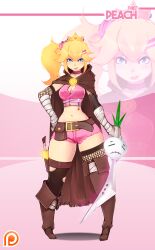 Rule 34 | 1girl, blonde hair, blue eyes, breasts, cleavage, hand on own hip, highres, large breasts, legs, looking at viewer, mario (series), midriff, navel, nintendo, ponytail, princess, princess peach, rush (rush-it), rush it, shorts, smile, solo, super smash bros., sword, thighs, turnip, weapon