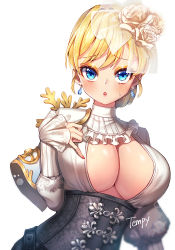 Rule 34 | 1girl, :o, artist name, blonde hair, blue eyes, blue gemstone, blush, breasts, character request, cleavage, commentary request, corset, earrings, eyeshadow, flower, gem, glint, hair flower, hair ornament, hand on own chest, identity v, jewelry, large breasts, long sleeves, makeup, nail polish, no bra, official alternate costume, parted lips, pink nails, rose, short hair, simple background, sleeves past wrists, sweat, tempy (rinsia), underbust, upper body, vera nair, white background, white flower, white rose