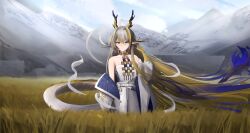 Rule 34 | 1girl, absurdres, aqua eyes, arknights, bare shoulders, belt, blonde hair, closed mouth, colored skin, day, dragon girl, dragon horns, dragon tail, earrings, field, grey hair, grey horns, grey tail, hair between eyes, hair intakes, hand in own hair, hand up, highres, horns, jacket, jewelry, light smile, long hair, long sleeves, looking at viewer, mountain, multicolored hair, necklace, off shoulder, open clothes, open jacket, outdoors, pants, plant, pointy ears, purple hair, shu (arknights), sketch background, solo, split mouth, standing, strapless, tail, tube top, very long hair, vincentime, wheat, wheat field, white belt, white jacket, white pants, white tube top, wind, yellow horns, yellow tail