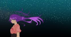 Rule 34 | 1girl, aqua background, bakemonogatari, black background, blue eyes, bow, bowtie, closed mouth, eyelashes, floating hair, gradient background, high-waist skirt, highres, long hair, looking at viewer, mikann oekaki, monogatari (series), night, night sky, outdoors, pink bow, pink bowtie, pink shirt, puffy short sleeves, puffy sleeves, purple hair, senjougahara hitagi, shirt, short sleeves, skirt, sky, solo, star (sky), starry sky, upper body