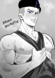 Rule 34 | 1boy, bara, black hair, blue eyes, blue hair, bruno bangnyfe, burn the witch, character name, grey background, highres, looking at viewer, male focus, multicolored hair, muscular, muscular male, nipples, simple background, solo, spiked hair, syo chikubai, tank top, two-tone hair, upper body