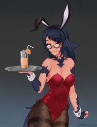 Rule 34 | 1girl, animal ears, artist name, au ra, warrior of light (ff14), bare shoulders, bendy straw, black hair, black pantyhose, breasts, brown-framed eyewear, brown background, cleavage, closed mouth, collarbone, commentary, commission, covered navel, cowboy shot, cup, dragon tail, drink, drinking glass, drinking straw, fake animal ears, final fantasy, final fantasy xiv, glasses, gradient background, hand up, highres, holding, holding tray, leotard, long hair, looking at viewer, medium breasts, pantyhose, playboy bunny, rabbit ears, red leotard, scales, semi-rimless eyewear, shellvi, side-tie leotard, smile, solo, strapless, strapless leotard, tail, thighband pantyhose, tray, twintails, under-rim eyewear, wrist cuffs