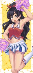 Rule 34 | 1girl, absurdres, anjerain, armpits, black hair, blue eyes, blush, breasts, cheerleader, collarbone, commentary, ganaha hibiki, hair behind ear, highres, idolmaster, idolmaster (classic), idolmaster million live!, idolmaster million live! theater days, jersey, looking at viewer, medium breasts, navel, open mouth, pom pom (cheerleading), ponytail, skirt, smile, solo, white skirt