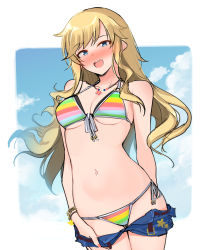 Rule 34 | 1girl, bangle, bare shoulders, bikini, blonde hair, blue eyes, blush, bracelet, breasts, cleavage, clothes pull, collarbone, contrapposto, cowboy shot, denim, denim shorts, front-tie bikini top, front-tie top, full-face blush, halterneck, highres, idolmaster, idolmaster cinderella girls, idolmaster cinderella girls starlight stage, jewelry, layered bikini, long hair, looking at viewer, medium breasts, multicolored bikini, multicolored clothes, navel, necklace, ohtsuki yui, open mouth, outside border, panties, shirota mizuki, short shorts, shorts, shorts pull, side-tie bikini bottom, sky, smile, solo, string bikini, striped bikini, striped clothes, swimsuit, thigh gap, underboob, underwear, undressing
