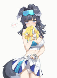 Rule 34 | 1girl, animal ears, bare shoulders, black hair, blue archive, blue eyes, blush, breasts, cheerleader, clothes lift, cowboy shot, crop top, dog ears, dog girl, dog tail, eyewear on head, gloves, goggles, goggles on head, hibiki (blue archive), hibiki (cheer squad) (blue archive), highres, lifting own clothes, long hair, looking away, midriff, millennium cheerleader outfit (blue archive), navel, panties, partially fingerless gloves, pom pom (cheerleading), skirt, skirt lift, solo, tail, takayaki, thigh gap, thighs, underwear, white panties