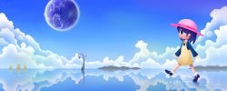 Rule 34 | 1girl, andou natsumi, blue hair, cloud, day, dress, hat, highres, moomlin, natsumi step!, planet, reflection, ripples, sky, smile, solo, sun hat, wading, walking, walking on liquid, water