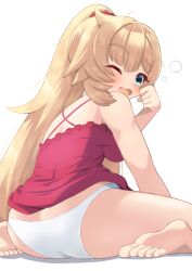 Rule 34 | 1girl, akai haato, barefoot, blonde hair, blue eyes, blush, breasts, hair ornament, heart, heart hair ornament, hololive, large breasts, long hair, looking at viewer, nightgown, odango (shiladango), one eye closed, open mouth, panties, ponytail, red nightgown, underwear, virtual youtuber, white background, white panties