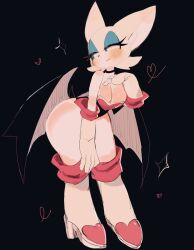 Rule 34 | 1girl, animal ears, bare hips, bare shoulders, bat ears, bat girl, bat tail, bat wings, black choker, blue eyeshadow, blush, breasts, choker, cleavage, eyeshadow, furry, furry female, gloves, green eyes, heart, high heels, highres, large breasts, looking to the side, makeup, medium hair, rouge the bat, sonic (series), thick thighs, thighs, usa37107692, white fur, white gloves, white hair, wide hips, wings