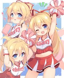 Rule 34 | 1girl, ;d, alternate costume, alternate hairstyle, arm up, baku-p, blonde hair, blouse, blue background, bottle, bow, cheering, cheerleader, duplicate, hair between eyes, hair ribbon, highres, lily white, long hair, looking at viewer, looking to the side, midriff peek, mouth hold, multiple views, navel, one eye closed, open mouth, pink bow, pom pom (cheerleading), ponytail, red ribbon, red shirt, red skirt, ribbon, ribbon in mouth, shirt, skirt, sleeveless, sleeveless shirt, smile, touhou, translation request, tying hair, very long hair, water, white shirt, wristband