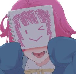 Rule 34 | &gt; o, 1girl, :&gt;, ahoge, blue jacket, blush, covered eyes, facing viewer, highres, holding, jacket, long sleeves, love live!, love live! nijigasaki high school idol club, nasuno (nasuno42), neck ribbon, notebook, one eye closed, piercing, portrait, ribbon, simple background, sleeves past fingers, sleeves past wrists, smile, solo, tennoji rina, tongue, tongue out, tongue piercing, white background, yellow ribbon