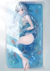 Rule 34 | 1girl, arknights, barefoot, bathing, bathtub, breasts, commentary, from above, full body, gawako, hair between eyes, hair censor, highres, long hair, looking at viewer, looking to the side, lying, medium breasts, mouth hold, nude, on side, partially submerged, red eyes, silver hair, skadi (arknights), solo, water
