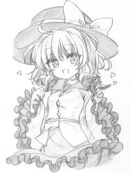 Rule 34 | 1girl, bow, breasts, collared shirt, frilled shirt collar, frilled sleeves, frills, graphite (medium), greyscale, happy, hat, hat bow, hat ribbon, head tilt, highres, komeiji koishi, long sleeves, looking at viewer, marukyuu ameya, medium hair, monochrome, open mouth, ribbon, shirt, sketch, skirt, small breasts, solo, touhou, traditional media, wide sleeves