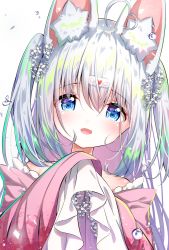 Rule 34 | 1girl, :d, ahoge, animal ear fluff, animal ears, blue eyes, copyright request, fang, flower, hair between eyes, hair flower, hair ornament, hand up, heart, heart-shaped pupils, heart ahoge, highres, indie virtual youtuber, japanese clothes, kimono, long hair, long sleeves, looking at viewer, open mouth, pink kimono, sawa (sawasaku), silver hair, sleeves past wrists, smile, solo, symbol-shaped pupils, virtual youtuber, white background, white flower, wide sleeves