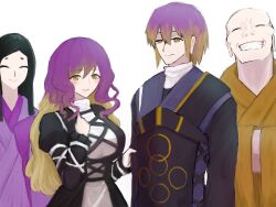 Rule 34 | 2boys, 2girls, absurdres, bald, black hair, breasts, brother and sister, brown eyes, brown hair, closed eyes, closed mouth, commentary, cross-laced clothes, father and daughter, father and son, gradient hair, highres, hijiri byakuren, hijiri myouren, large breasts, long hair, looking at viewer, moriforest1040, mother and daughter, mother and son, multicolored hair, multiple boys, multiple girls, open mouth, purple hair, short hair, siblings, simple background, smile, touhou, upper body, white background