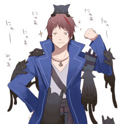 Rule 34 | 1boy, anchor, anchor (symbol), animal, animal on head, armband, artist request, belt, black cat, brown hair, cat, cat on head, coat, hand on own hip, jewelry, male focus, multicolored hair, multiple cats, necklace, on head, sash, shoulder perch, simple background, solo, streaked hair, too many, too many cats, two-tone hair, umineko no naku koro ni, v-neck, willard h. wright, yellow eyes