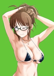 Rule 34 | 1girl, akizuki ritsuko, antenna hair, areola slip, armpits, arms up, bare shoulders, bikini, black-framed eyewear, black bikini, blush, breasts, brown eyes, brown hair, cleavage, closed mouth, collarbone, covered erect nipples, earrings, glasses, green background, hands in hair, idolmaster, idolmaster (classic), idolmaster million live!, idolmaster million live! theater days, jewelry, large breasts, looking at viewer, minpei ichigo, navel, necklace, o-ring, o-ring bikini, one eye closed, short hair, shy, simple background, solo, sweat, swimsuit, underboob, upper body