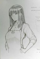Rule 34 | 1girl, apron, black eyes, black hair, blouse, blunt bangs, breasts, commentary, english commentary, greyscale, long hair, looking away, lynus, monochrome, original, shirt, sleeves rolled up, solo, traditional media