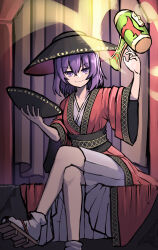 Rule 34 | 1girl, absurdres, allcy49, black hat, bowl, bowl hat, brown footwear, closed mouth, commentary request, crossed legs, full body, geta, hat, highres, japanese clothes, kimono, looking at viewer, miracle mallet, purple eyes, purple hair, red kimono, sitting, smile, socks, solo, sukuna shinmyoumaru, touhou, white socks