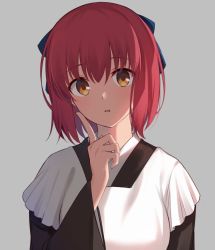Rule 34 | 1girl, apron, black kimono, blue bow, bow, commentary, grey background, hair between eyes, hair bow, head tilt, index finger raised, japanese clothes, kimono, kohaku (tsukihime), looking at viewer, maid, maid apron, nemu mohu, red hair, shadow, short hair, simple background, solo, tsukihime, upper body, wa maid, white apron, wide sleeves, yellow eyes