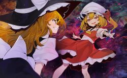 Rule 34 | 2girls, abstract background, ascot, aura, back bow, black headwear, black skirt, black vest, blonde hair, bow, clenched teeth, collar, collared vest, crystal wings, dark aura, eyelashes, fighting stance, flandre scarlet, frilled collar, frilled hat, frilled skirt, frills, from behind, game cg, hat, hat bow, hat ribbon, kirisame marisa, leaning forward, looking at another, medium hair, miniskirt, mob cap, multiple girls, official art, open mouth, outstretched arms, puffy short sleeves, puffy sleeves, red eyes, red ribbon, red skirt, red vest, ribbon, sash, shirt, short sleeves, side ponytail, skirt, skirt set, smile, teeth, third-party source, touhou, touhou cannonball, tsurime, turtleneck, ukyo rst, upper teeth only, v-shaped eyebrows, vest, white bow, white collar, white headwear, white sash, white shirt, witch hat, yellow ascot, yellow eyes