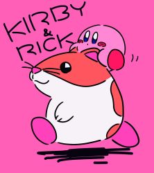 Rule 34 | :3, blue eyes, blush, blush stickers, character name, closed mouth, english text, flat color, from side, full body, highres, kirby, kirby (series), miwa (ahyuck), motion lines, mouse (animal), nintendo, no humans, pink background, rick (kirby), riding, running, simple background, sketch, solid oval eyes