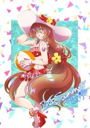Rule 34 | android, ball, beachball, bikini, blush, breasts, brown hair, capcom, commentary, dated, english commentary, flower, frilled bikini, frills, green eyes, hair flower, hair ornament, hand on headwear, hat, hat flower, high heels, highres, holding, iris (mega man), long hair, looking at viewer, open mouth, red bikini, mega man (series), mega man x (series), mega man x dive, sekyrz, solo, sun hat, swimsuit, very long hair