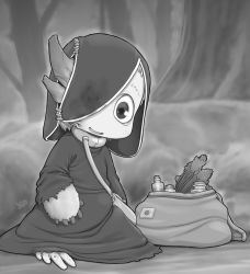 Rule 34 | 1other, bag, greyscale, highres, horns, kionant, looking at viewer, made in abyss, monochrome, one eye covered, original, robe, signature, smile, solo, vial