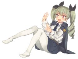 Rule 34 | 10s, 1girl, anchovy (girls und panzer), blush, brown eyes, drill hair, girls und panzer, green hair, hair ribbon, jacket, jacket on shoulders, long hair, looking at viewer, military, military uniform, necktie, niizuka (c-drop), open mouth, pantyhose, red eyes, ribbon, skirt, smile, solo, sweatdrop, twin drills, twintails, uniform, white pantyhose