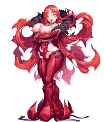 Rule 34 | 1girl, absurdres, astaroth (taimanin asagi), bare shoulders, breast tattoo, breasts, cleavage, clothing cutout, collar, collarbone, commentary request, crossed arms, curvy, dress, earrings, elbow gloves, gloves, highres, huge breasts, jewelry, lilith-soft, long dress, long hair, long tongue, looking at viewer, naughty face, navel, navel cutout, nipples, parted lips, piercing, potion (moudamepo), puffy nipples, red dress, red hair, shiny skin, simple background, smile, solo, standing, sweat, taimanin (series), taimanin rpgx, tattoo, tongue, tongue out, tongue piercing, white background, yellow eyes