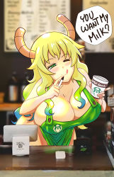 Rule 34 | 1girl, absurdres, apron, blonde hair, blush, breasts, cafe, cleavage, emsesama, english text, green eyes, highres, horns, huge breasts, iced latte with breast milk (meme), indoors, kobayashi-san chi no maidragon, leaning forward, long hair, looking at viewer, lucoa (maidragon), meme, multicolored hair, naked apron, one eye closed, parody, smile, solo, speech bubble, starbucks, tongue, tongue out, two-tone hair
