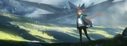 Rule 34 | 1girl, absurdres, amiya (arknights), animal ears, arknights, asteroid ill, bird, black pantyhose, blue eyes, brown hair, cloud, cloudy sky, commentary, day, field, grass, highres, huge filesize, jacket, landscape, letterboxed, long hair, nature, outdoors, pantyhose, rabbit ears, scenery, sky, solo, standing, thumb ring, very long hair, wide shot