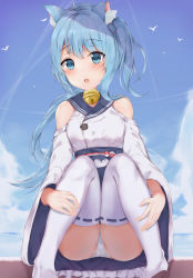 Rule 34 | 1girl, :o, animal ears, asashio (azur lane), azur lane, bell, blue eyes, blue hair, blue sailor collar, blue sky, blush, cat ears, cloud, commentary request, day, frills, hair between eyes, highres, houraku, japanese clothes, jingle bell, kimono, knees together feet apart, long hair, long sleeves, looking at viewer, obi, one side up, outdoors, panties, parted lips, pigeon-toed, ribbon-trimmed legwear, ribbon trim, round teeth, sailor collar, sash, sitting, sky, solo, teeth, thighhighs, underwear, upper teeth only, very long hair, white kimono, white panties, white thighhighs, wide sleeves
