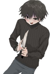 Rule 34 | 1boy, black eyes, black hair, black sweater, blush, cuffs, grey background, grey pants, haep0912, handcuffs, highres, holding, holding knife, knife, long sleeves, looking at viewer, male focus, open mouth, pants, shaded face, short hair, simple background, solo, sweater, teeth, tsugino haru, turtleneck, turtleneck sweater, zeno (game)