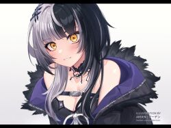 Rule 34 | 1girl, ardenlolo, black choker, black dress, black hair, black jacket, breasts, choker, cleavage, clenched teeth, dress, grey hair, hololive, hololive english, jacket, looking at viewer, medium breasts, multicolored hair, open mouth, shiori novella, shiori novella (1st costume), simple background, smile, solo, streaked hair, teeth, virtual youtuber, white background, yellow eyes