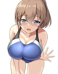 Rule 34 | 1girl, black one-piece swimsuit, blue eyes, blue one-piece swimsuit, blush, breasts, brown hair, competition swimsuit, covered navel, cowboy shot, hair between eyes, highleg, highleg swimsuit, highres, impossible clothes, impossible swimsuit, intrepid (kancolle), kantai collection, large breasts, looking at viewer, montemasa, multicolored clothes, multicolored swimsuit, one-piece swimsuit, open mouth, ponytail, short hair, simple background, smile, solo, swimsuit, twitter username, two-tone swimsuit, white background