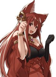 Rule 34 | 1girl, animal ears, anthuria, bare shoulders, breasts, brown eyes, erune, granblue fantasy, lefthand, long hair, looking at viewer, medium breasts, paw pose, red hair, smile, solo, upper body, white background