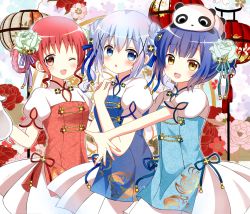 Rule 34 | 3girls, :d, ;d, animal, animal on head, blue dress, blue eyes, blue hair, blush, brown eyes, chestnut mouth, chimame-tai, china dress, chinese clothes, commentary request, double bun, dress, fang, flower, girl sandwich, gochuumon wa usagi desu ka?, green flower, hair between eyes, hair bun, hair flower, hair ornament, hair rings, highres, jouga maya, kafuu chino, lantern, looking at viewer, multiple girls, natsu megumi, on head, one eye closed, open mouth, outstretched arm, panda, paper lantern, parted lips, puffy short sleeves, puffy sleeves, red dress, red hair, revision, ryoutan, sandwiched, short sleeves, side bun, sidelocks, single side bun, smile, x hair ornament, yellow eyes