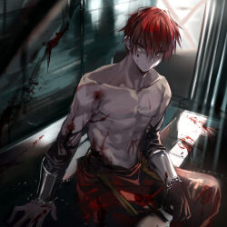 Rule 34 | 1boy, adol christin, bare shoulders, blood, blood on body, blood on face, chain, collarbone, grey eyes, hair between eyes, indoors, looking at viewer, male focus, muscular, muscular male, red hair, short hair, sitting, solo, tatsumikkk, ys