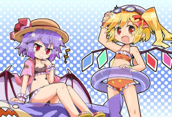 Rule 34 | 2girls, :d, bare legs, bare shoulders, bikini, blonde hair, child, fang, female focus, flandre scarlet, flat chest, goggles, goggles on head, gradient background, hair ribbon, halftone, halftone background, hat, herada mitsuru, innertube, jitome, light purple hair, midriff, multiple girls, open mouth, pointy ears, red eyes, remilia scarlet, ribbon, sandals, shark, short hair, siblings, side ponytail, sisters, sitting, smile, straw hat, swim ring, swimsuit, tareme, touhou, wings, wrist cuffs