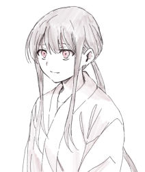 Rule 34 | 1boy, closed mouth, eyebrows hidden by hair, fate/grand order, fate (series), hair between eyes, highres, japanese clothes, kimono, koha-ace, long hair, looking away, low ponytail, male focus, monochrome, oda nobukatsu (fate), ponytail, red eyes, sidelocks, simple background, smile, solo, spot color, tachitsu teto, upper body, very long hair, white background