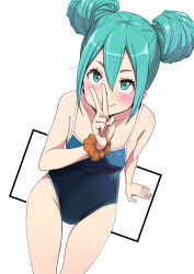 Rule 34 | 1girl, aqua eyes, aqua hair, blue one-piece swimsuit, blush, breasts, competition school swimsuit, covered navel, double bun, h2o (ddks2923), hair between eyes, hair bun, hatsune miku, highres, looking at viewer, one-piece swimsuit, school swimsuit, scrunchie, simple background, small breasts, smile, solo, swimsuit, v, vocaloid, white background, wrist scrunchie