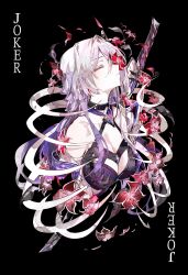 Rule 34 | 1girl, absurdres, acheron (honkai: star rail), bare shoulders, black choker, breasts, card, choker, cleavage, closed eyes, cocoballking, commentary request, criss-cross halter, facing to the side, flower, gradient hair, hair over one eye, halterneck, highres, honkai: star rail, honkai (series), joker (playing card), katana, long hair, multicolored hair, playing card, red flower, simple background, solo, sword, weapon, white hair