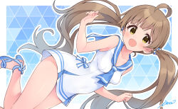 Rule 34 | 1girl, ahoge, blue background, blue bow, blue footwear, blue neckerchief, blue sailor collar, blush, bow, breasts, brown hair, collarbone, commentary request, dot nose, hakozaki serika, hands up, idolmaster, idolmaster million live!, idolmaster million live! theater days, ima (lm ew), leg up, legs, long hair, looking at viewer, neckerchief, open mouth, sailor collar, sailor swimsuit (idolmaster), sandals, small breasts, smile, solo, thighs, twintails, white swimsuit, yellow eyes