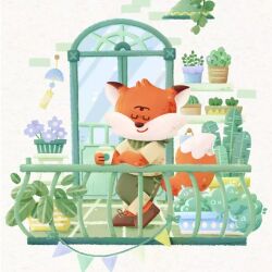 Rule 34 | 1boy, animal ears, artist request, balcony, bow, brick, brown bow, brown footwear, bush, cactus, closed eyes, closed mouth, coffee cup, crossed legs, cup, denim, disposable cup, door, flag, flower, footwear bow, fox, fox ears, fox tail, furry, furry male, garland (decoration), green neckerchief, green pants, holding, holding cup, jeans, lamp, neckerchief, non-web source, original, pants, plant, pocket, potted plant, purple flower, railing, ribbon-trimmed pants, shirt, shoes, short sleeves, smile, sneakers, solo, source request, standing, tail, third-party source, vertical-striped neckerchief, white background, white shirt