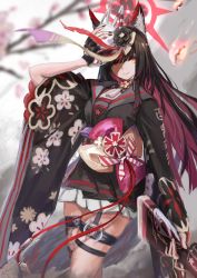 Rule 34 | 1girl, absurdres, black gloves, black hair, black kimono, blue archive, blurry, blurry background, closed mouth, colored inner hair, fingerless gloves, fire, floral print, fox mask, garter straps, gloves, gun, halo, hand up, highres, holding, holding gun, holding mask, holding weapon, japanese clothes, kimono, kimono skirt, long sleeves, looking at viewer, mask, multicolored hair, nullsaki uta, obi, sailor collar, sash, single thighhigh, smile, solo, thigh strap, thighhighs, wakamo (blue archive), weapon, wide sleeves, yellow eyes