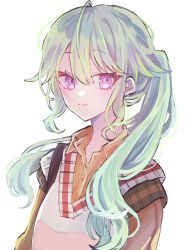 Rule 34 | 1girl, blush, brown shirt, closed mouth, collared shirt, green hair, green sweater vest, highres, iroirokaname, kusanagi nene, long hair, looking at viewer, official alternate costume, official alternate hairstyle, project sekai, purple eyes, shirt, side ponytail, simple background, smile, solo, sweater vest, upper body, white background, white sweater vest