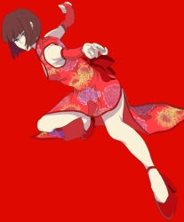 Rule 34 | 1girl, andsuiside, anna williams, china dress, chinese clothes, dress, fighting stance, fingerless gloves, gloves, high heels, martial arts, red background, shoes, side slit, tekken